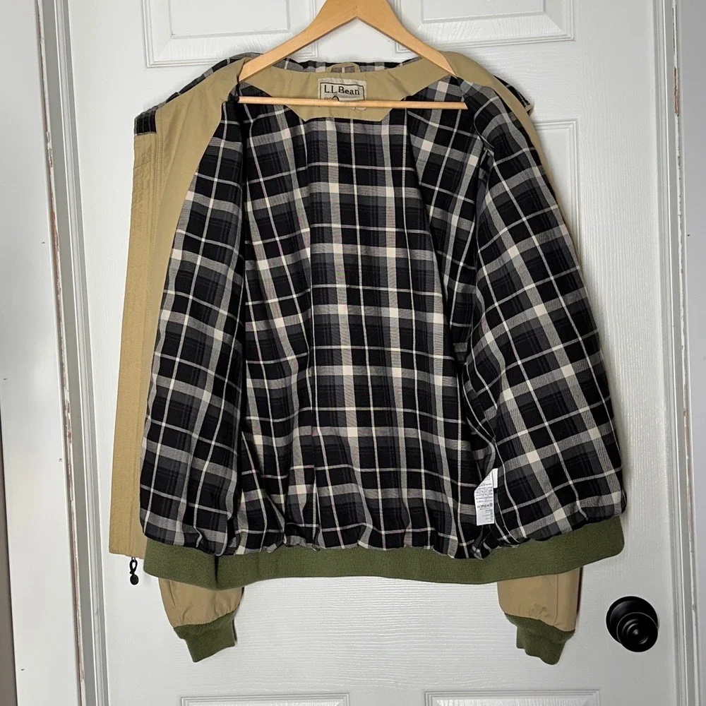 LL Bean Mens XL Regular Tan Plaid Lined Warm-Up‎ Bomber Jacket Harrington 500395